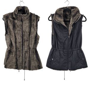 Reversible Womens Giacca Gray Vegan Faux Fur Vest Black Quilted Vest Sz L Pocket